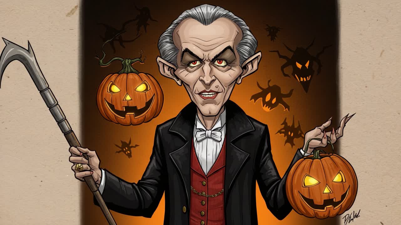 Mysterious Character Holding Jack-o'-Lanterns Surrounded by Spooky Shadows in a Haunting and Enigmatic Halloween Illustration