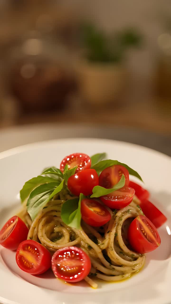 Primo piano di Spaghetti al pesto con pomodorini e basilico fresco