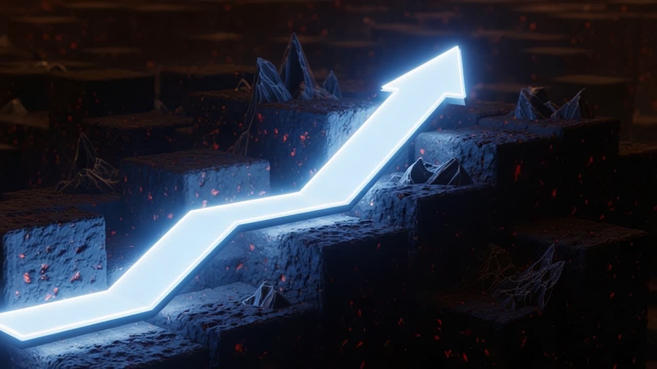 Dynamic and Innovative Growth Visualization: A Stylized Arrow Ascends Through Abstract Terrain Representing Progress and Advancement in Data Analysis