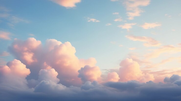A serene video scene of fluffy clouds at sunset, captured from a low angle, showcasing soft pastel