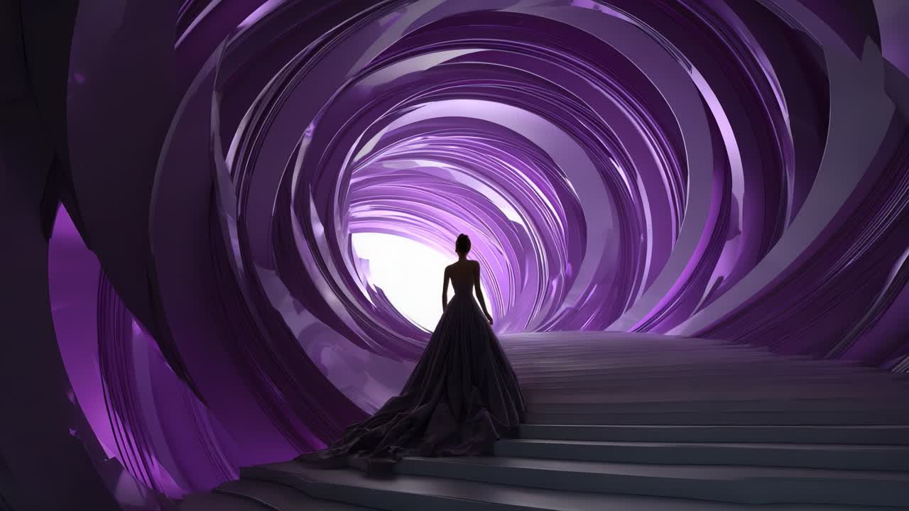 A stunning silhouette of a figure in an elegant gown stands at the threshold of a mesmerizing purple vortex, blending fashion with imaginative architectural elements that inspire wonder