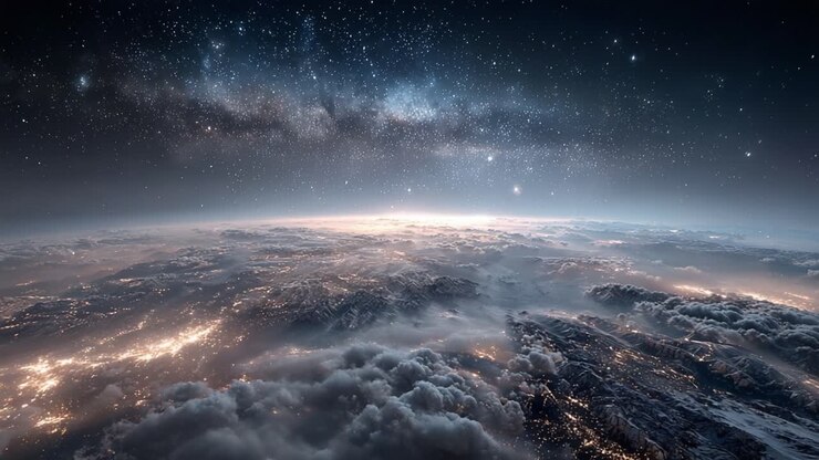 Atemberaubende Luftaufnahme der Erde bei Nacht mit einer funkelnden Milchstraßengalaxie darüber und schimmernden Stadtlichtern, die die darunter liegende Landschaft erhellen
