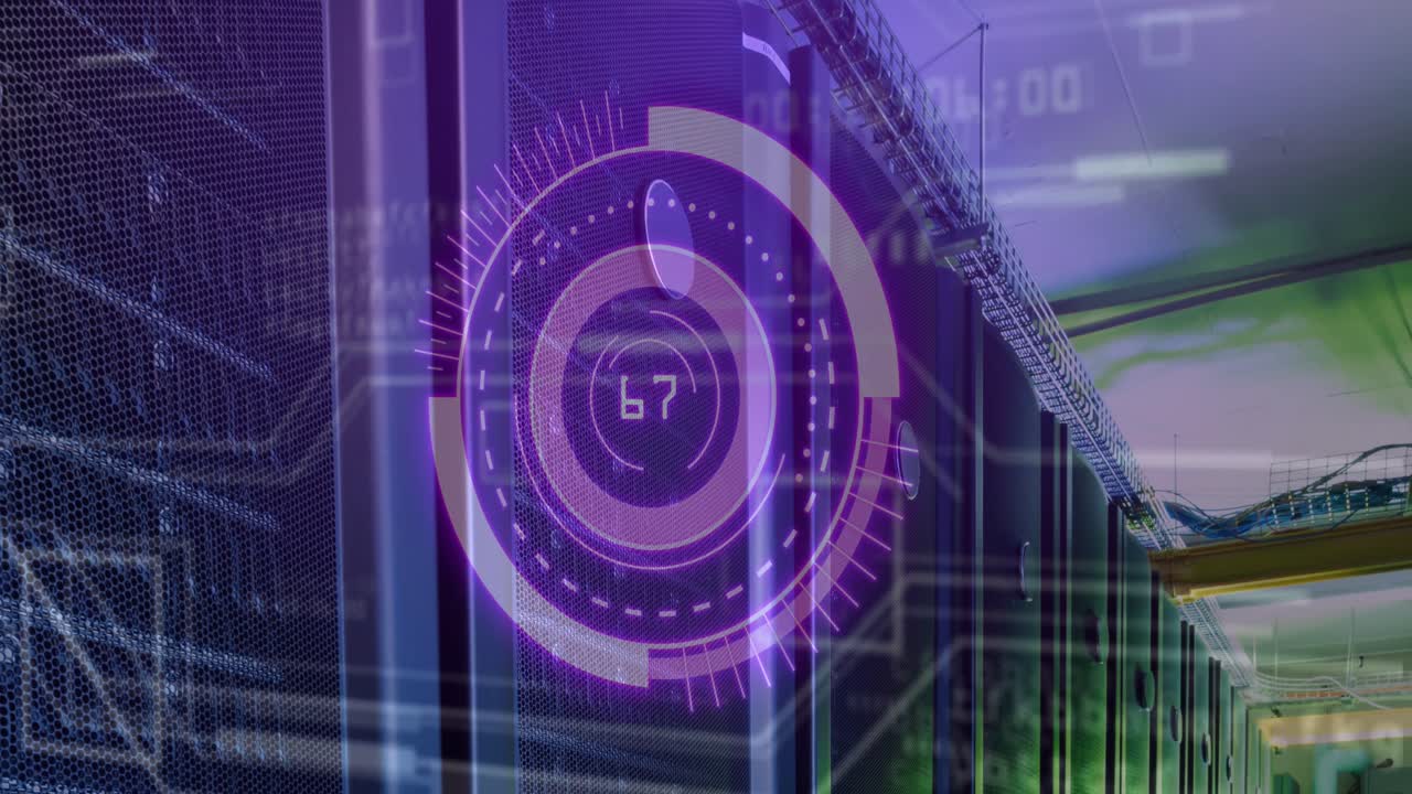 animación del escaneo del alcance con procesamiento de datos sobre la sala del servidor