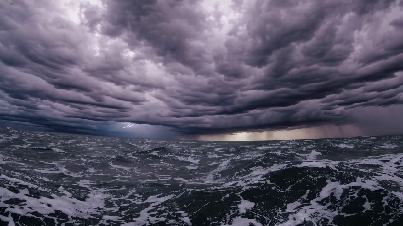Scena video drammatica di onde oceaniche tempestose sotto nuvole scure e vorticose