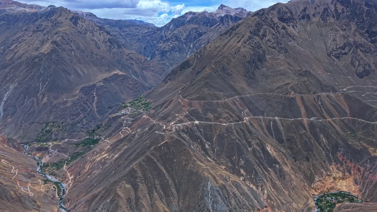 Drone pans the Colca Canyon mirador, revealing multiple valleys and ...