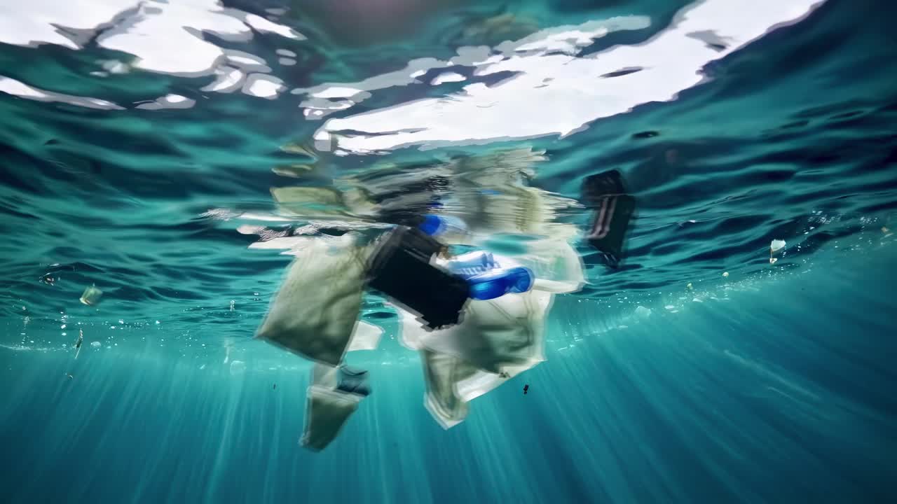 Underwater video shot capturing floating plastic waste, highlighting pollution