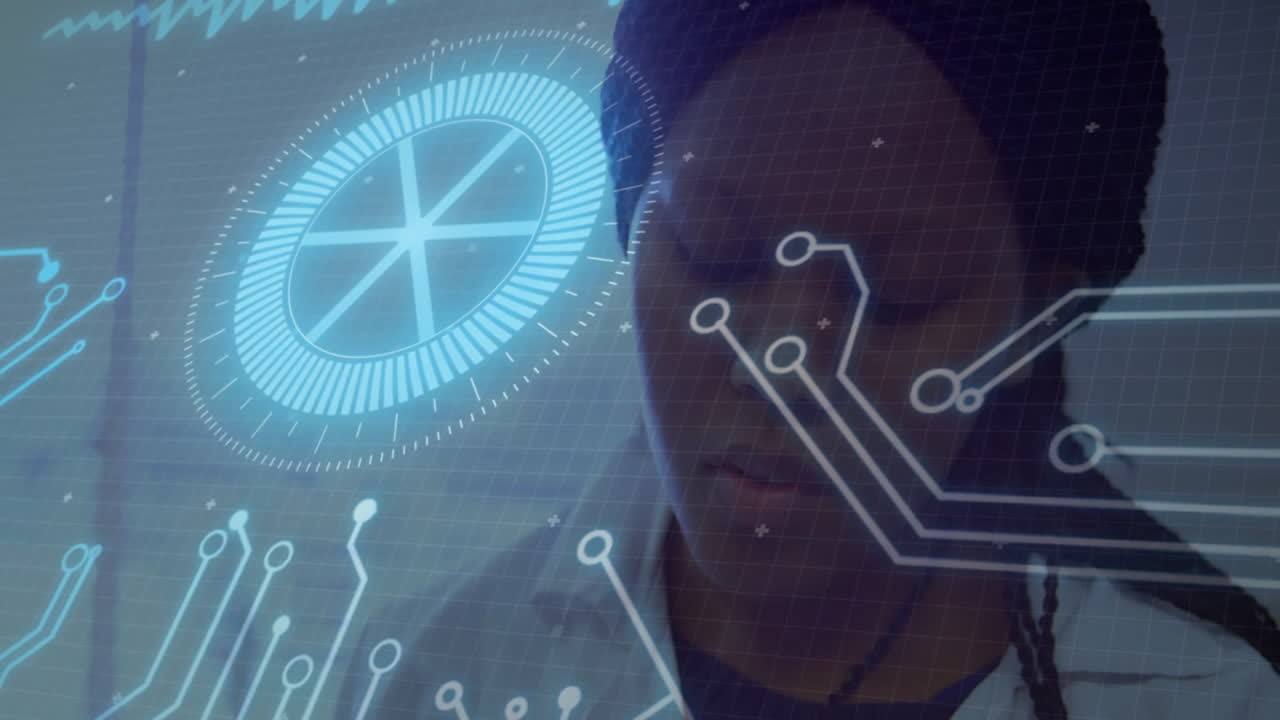 female medical professional examining virtual health data in medical lab, displaying HUD circuits