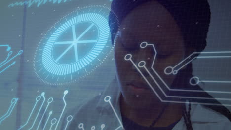 female medical professional examining virtual health data in medical lab, displaying hud circuits
