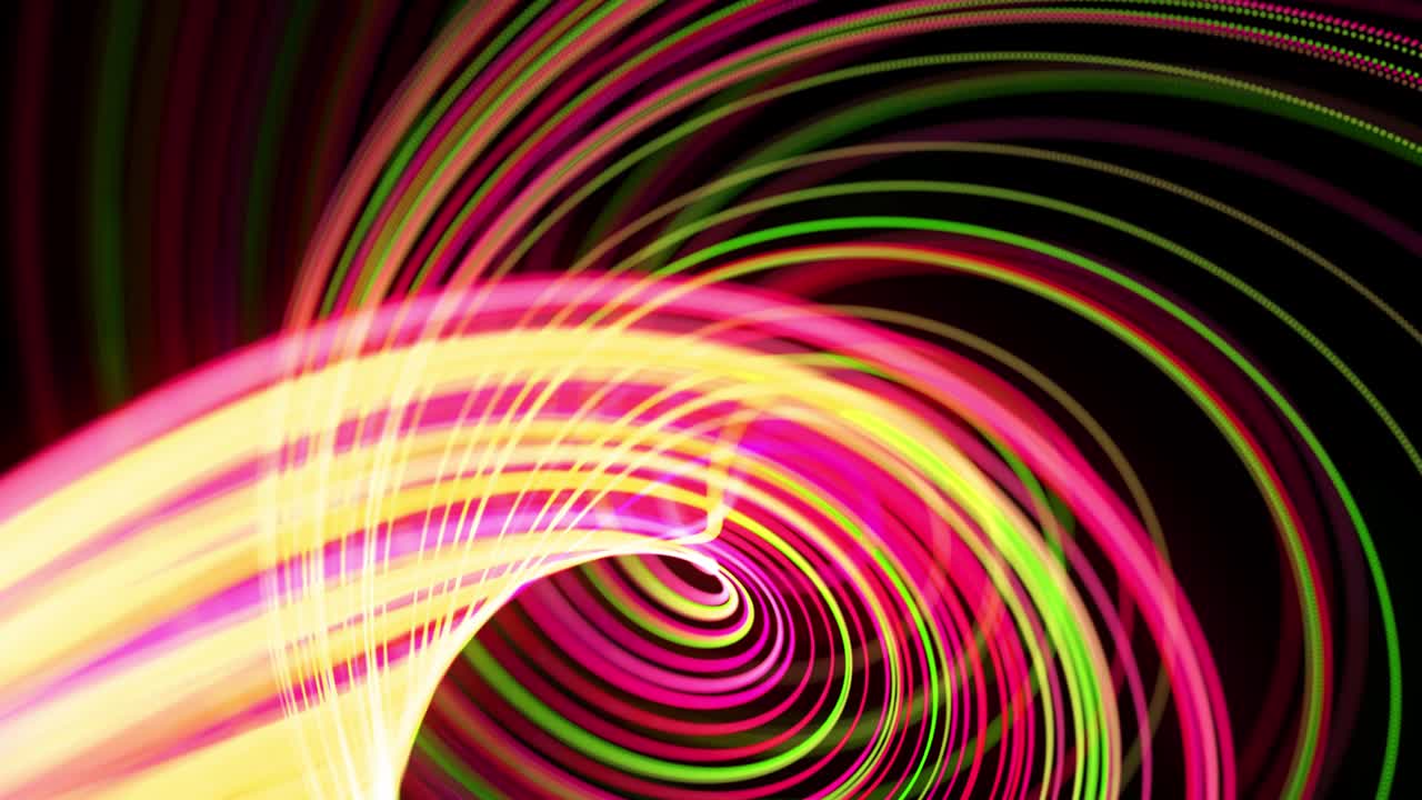 빛의 흐름: 4k에서 추상적인 루프 배경, 빛의 흔적, 공간에서 녹색, 빨간색, 노란색, 네온 선의 흐름은 나선형 모양을 형성하기 위해 움직입니다.
