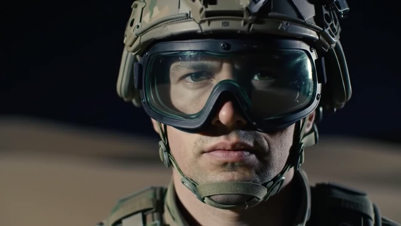 A soldier is readying for a nighttime operation in a desert environment. He is equipped with tactical gear and protective eyewear, showing focus and determination for the task ahead.