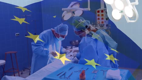 animation of flag of european union over caucasian female and male surgeons during operation