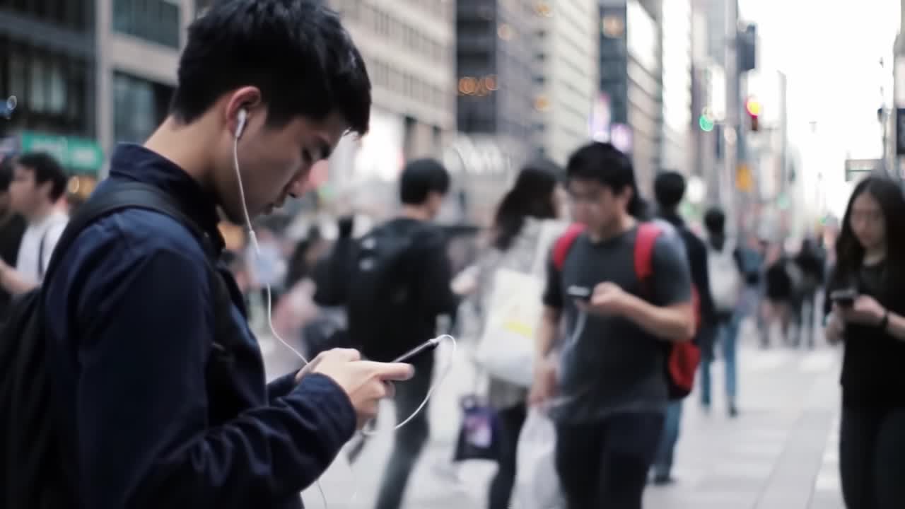 A Young Individual Engrossed in a Smartphone amidst a Bustling Urban Crowd, Highlighting Modern Connectivity and the Influence of Technology on Daily Life