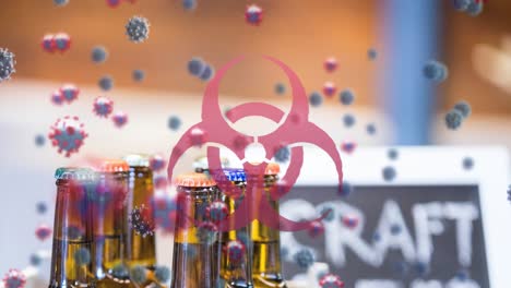 Animation-of-covid-19-cells-floating-over-biohazard-symbol-and-empty-bar