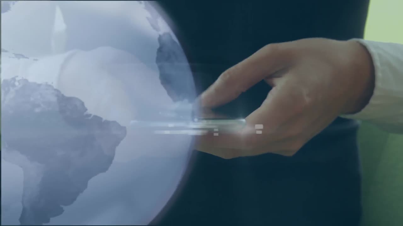 Animation of grey globe over businesswoman using smartphone