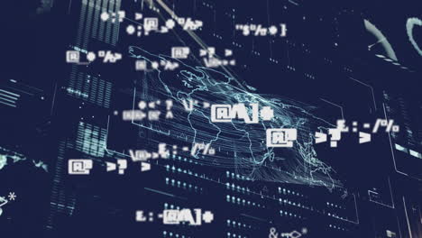 Animation of digital data processing and world map over grid on dark background