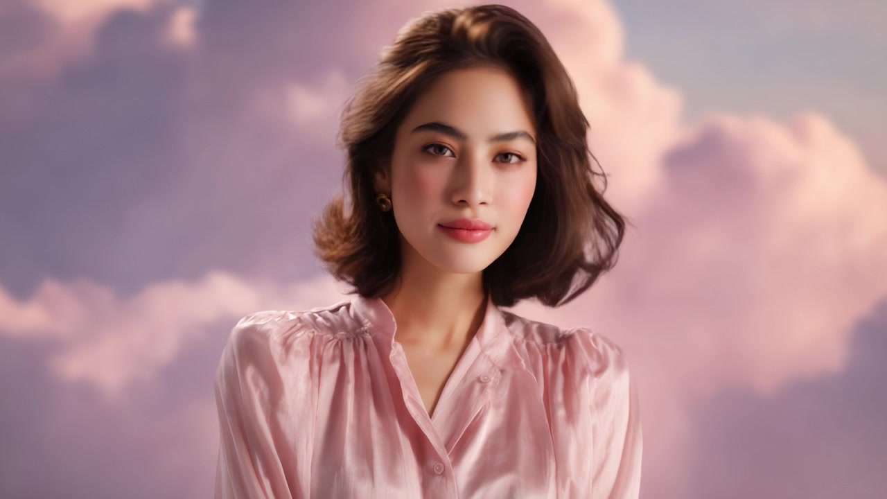 夢のような雲を背景に、柔らかなピンクのブラウスをまとった女性の優雅で穏やかなポートレート。ユニークな芸術的スタイルで優雅さと静けさを体現。