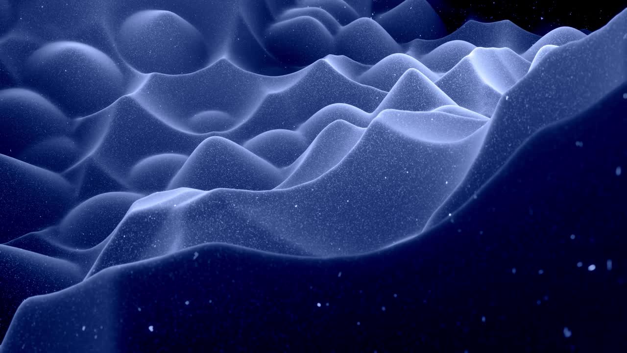 Stylish festive black bg. Fantastical abstract looped background, waves move on glossy surface like landscape made of liquid blue wax with sparkles. Beautiful soft background with smooth animation 4k