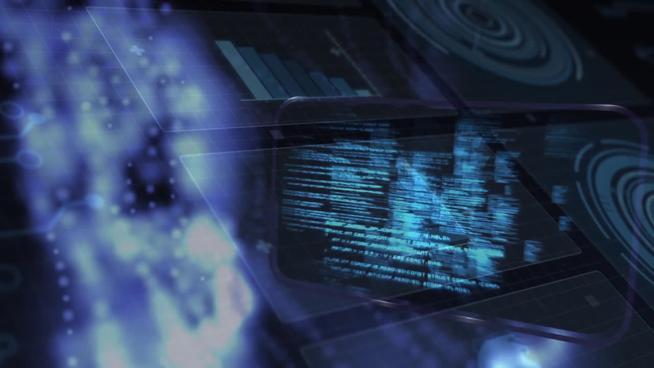 Animation of digital data and graphs on blue and black technological background