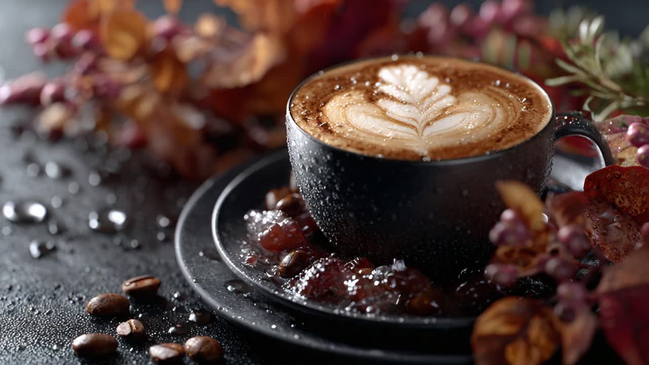 A Warm Cup of Aromatic Coffee Surrounded by Autumn Leaves and Berries, Showcasing Intricate Latte Art in a Cozily Studio Setting