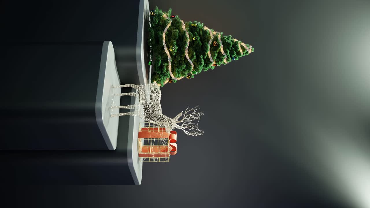 рождественская елка, освещенные олени и обернутый подарок на черном фоне вертикально