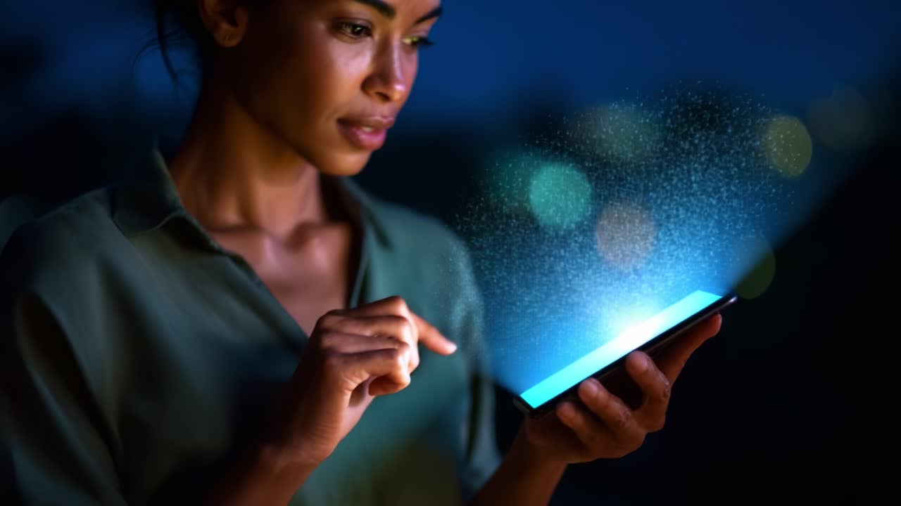 Una donna interagisce con uno smartphone di notte, mostrando uno schermo luminoso pieno di particelle scintillanti, sullo sfondo sfocato di una città