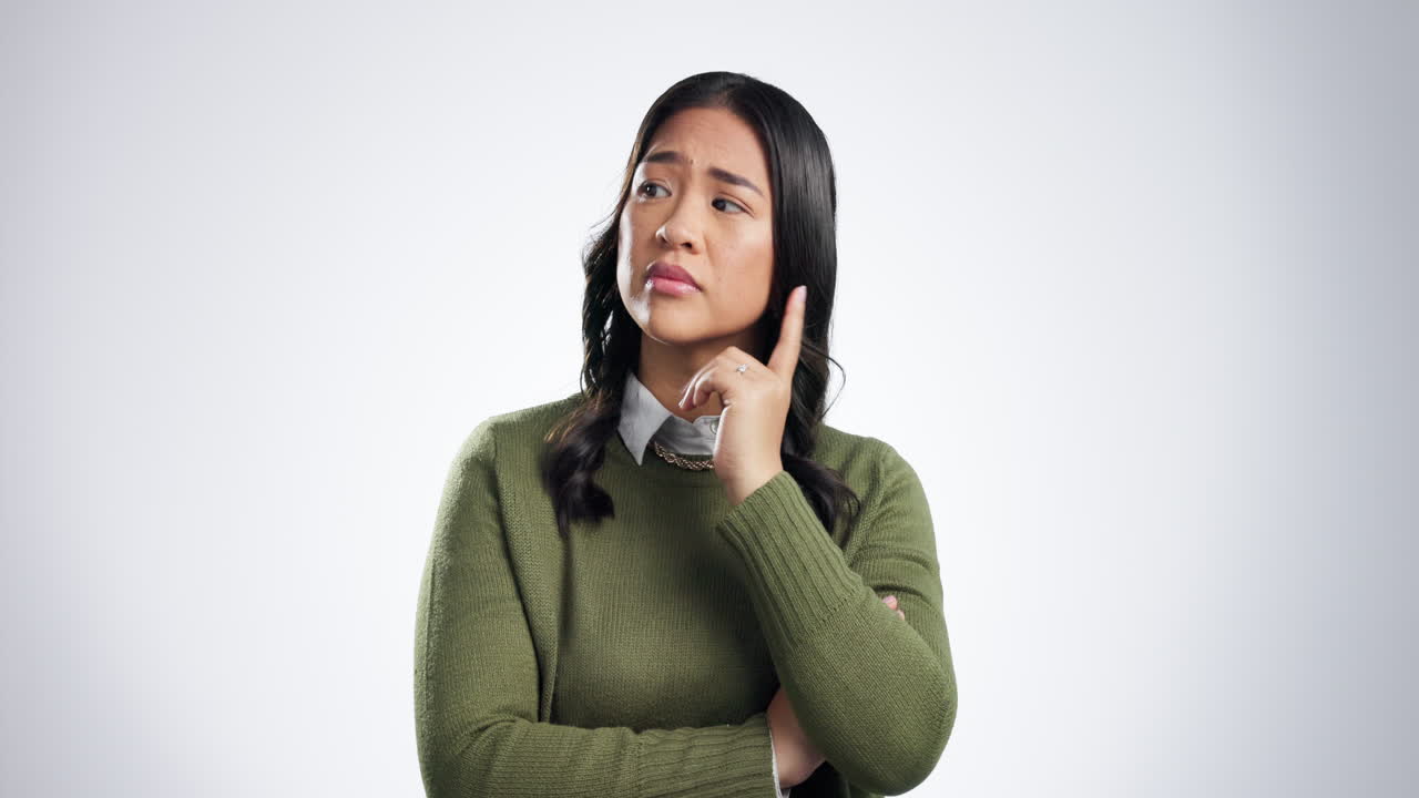 Confused, thinking and woman with solution