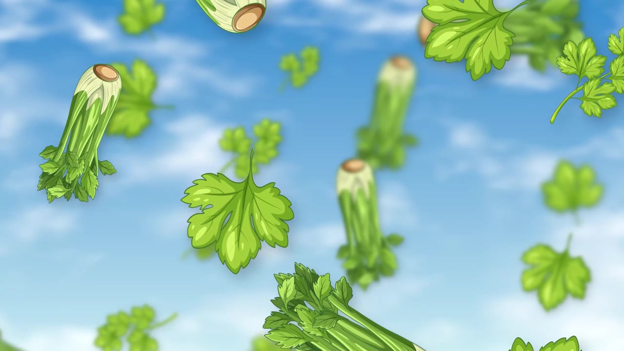 鮮やかな青空を背景にセロリの茎とパセリの葉が落ちるグラフィックアニメーション