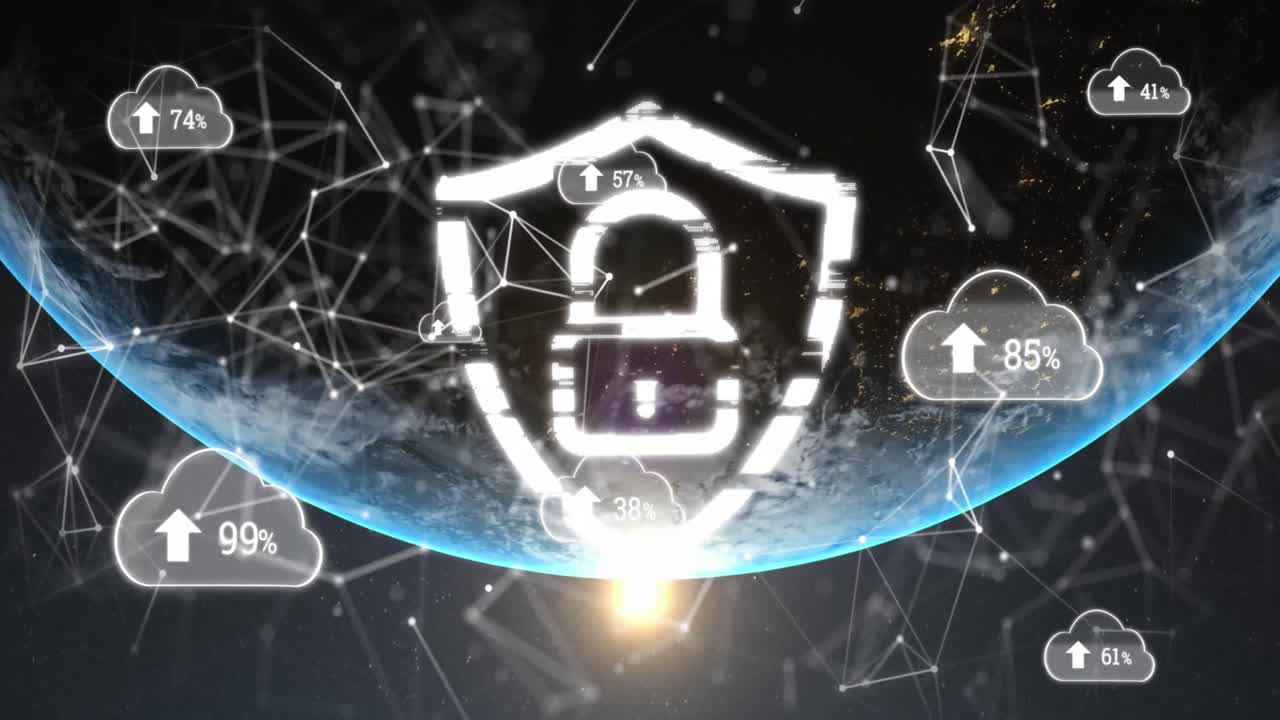 animación de nubes, candado, globo con red de conexiones y procesamiento de datos.