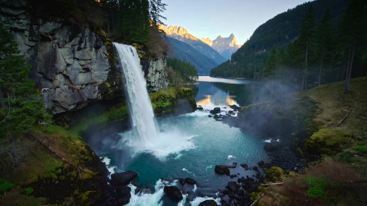 Dron en movimiento que revela una cascada cayendo en una poza de agua turquesa en un valle boscoso, con niebla y rocas.