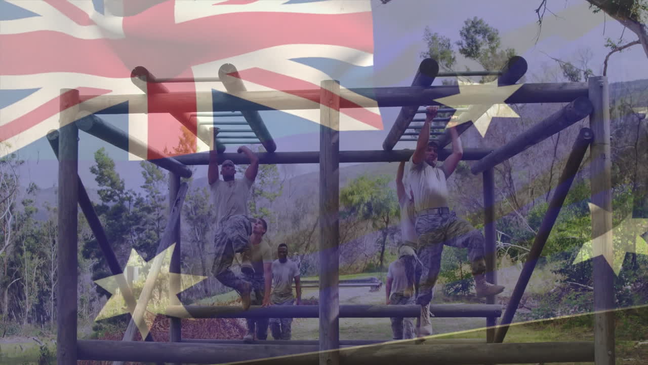 Training on obstacle course, soldiers with Australian flag animation overlay