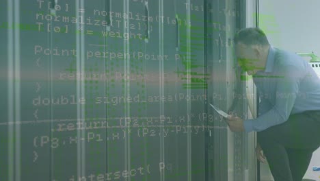 animación del procesamiento de datos financieros sobre el trabajador de la sala de servidores caucásico