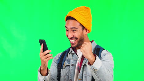 Phone,-yes-and-student-or-man-on-green-screen