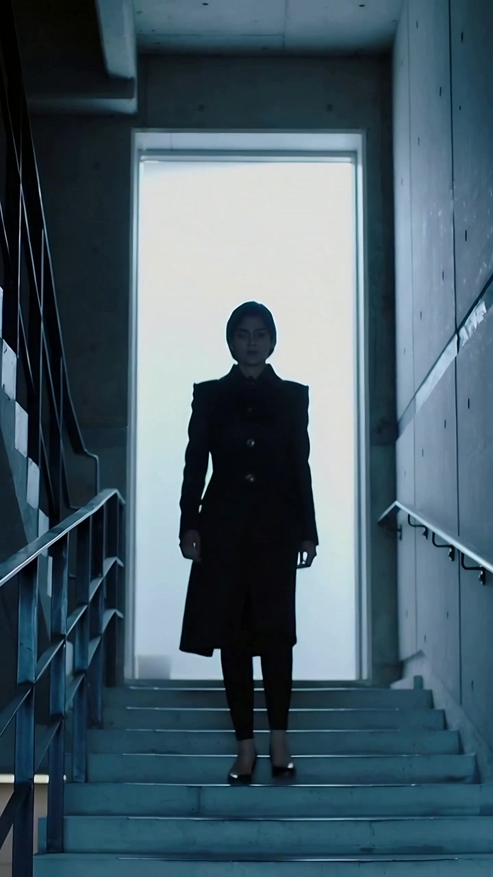 Video verticale: Donna in cappotto che esce da una porta e scende delle scale di cemento per andarsene.