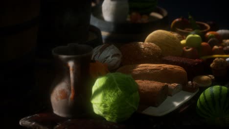 mesa de comida con barriles de vino y algunas frutas, verduras y pan