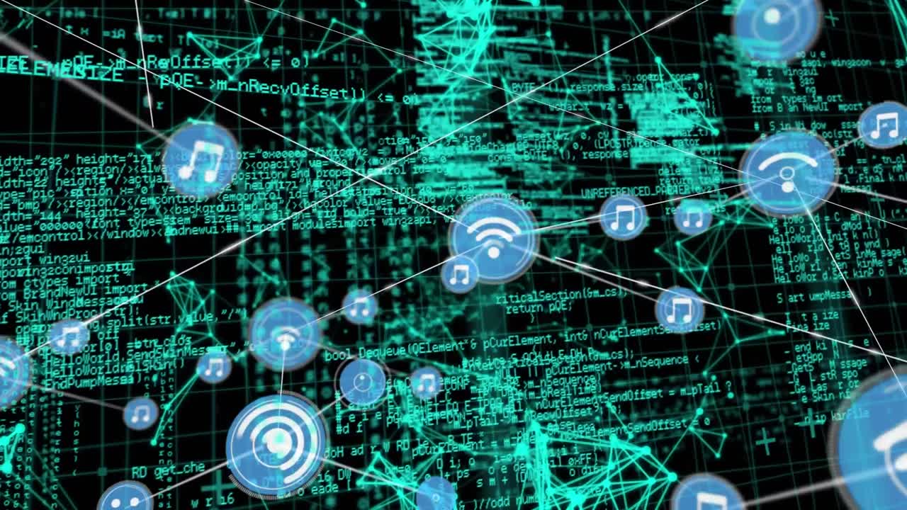animación de la red, iconos musicales que conectan puntos con el procesamiento de datos en la interfaz digital