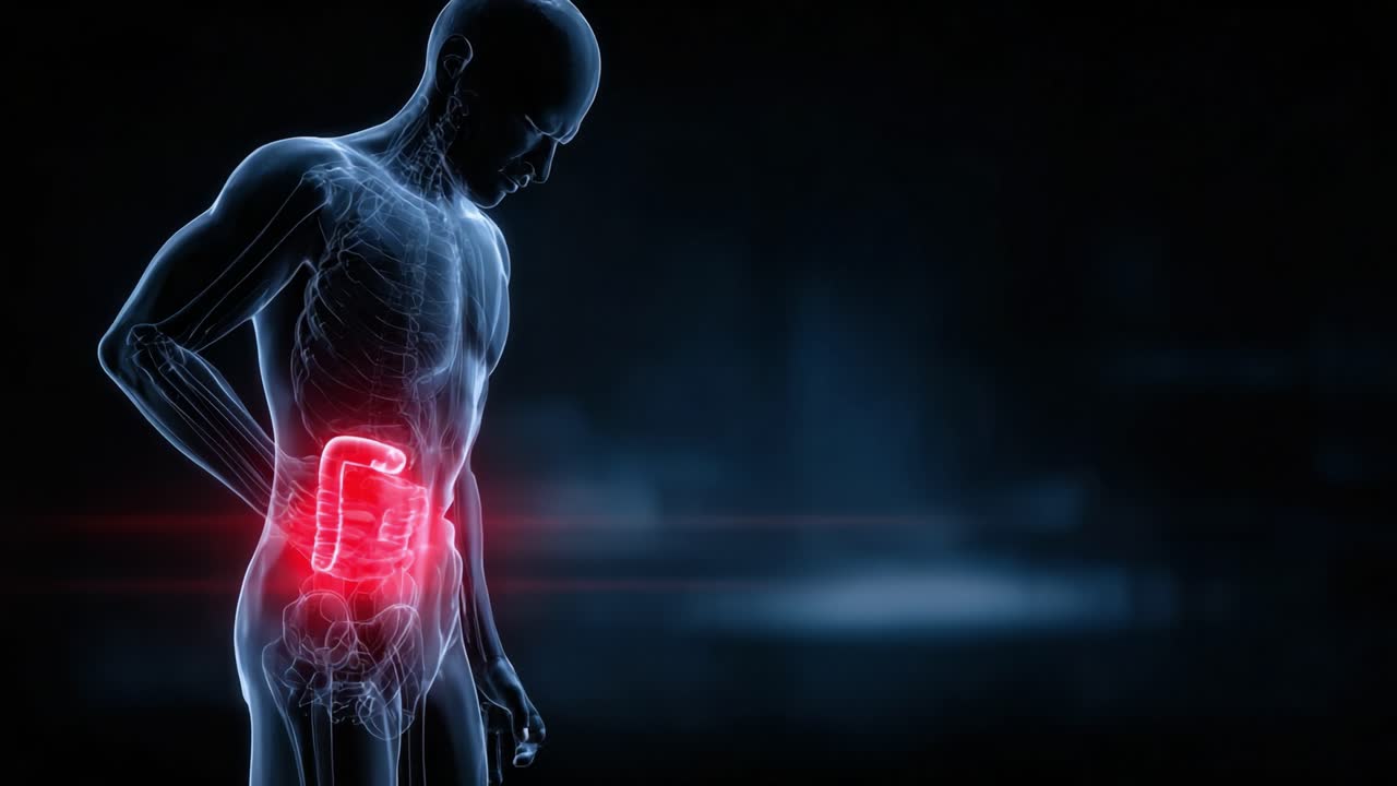A Detailed Visualization of Human Anatomy Highlighting the Internal Organ System, Focused on a Painful Section of the Abdomen and Lower Back Region
