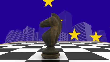 Animation-of-knight-on-chess-board,-european-union-flag-and-buildings-against-blue-background