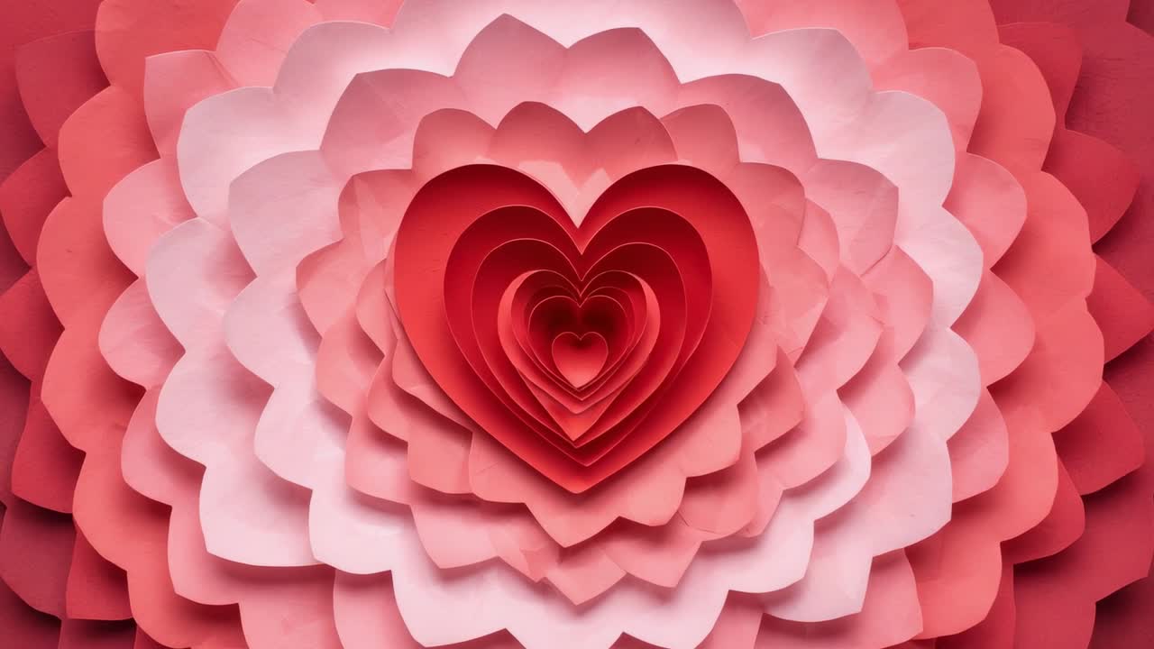 Câmera com zoom revelando arte de coração de papel em camadas aninhadas em estúdio, mostrando profundidade e textura