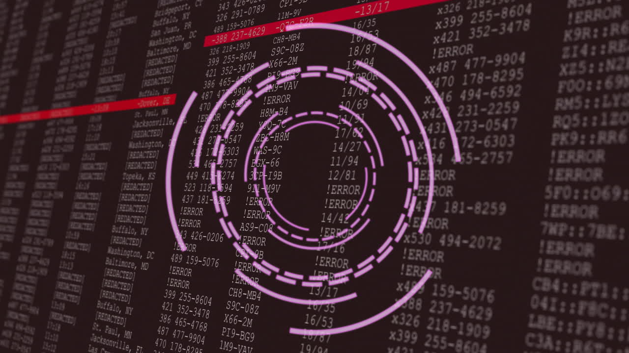 Rotating circular animation over error codes and data on dark background