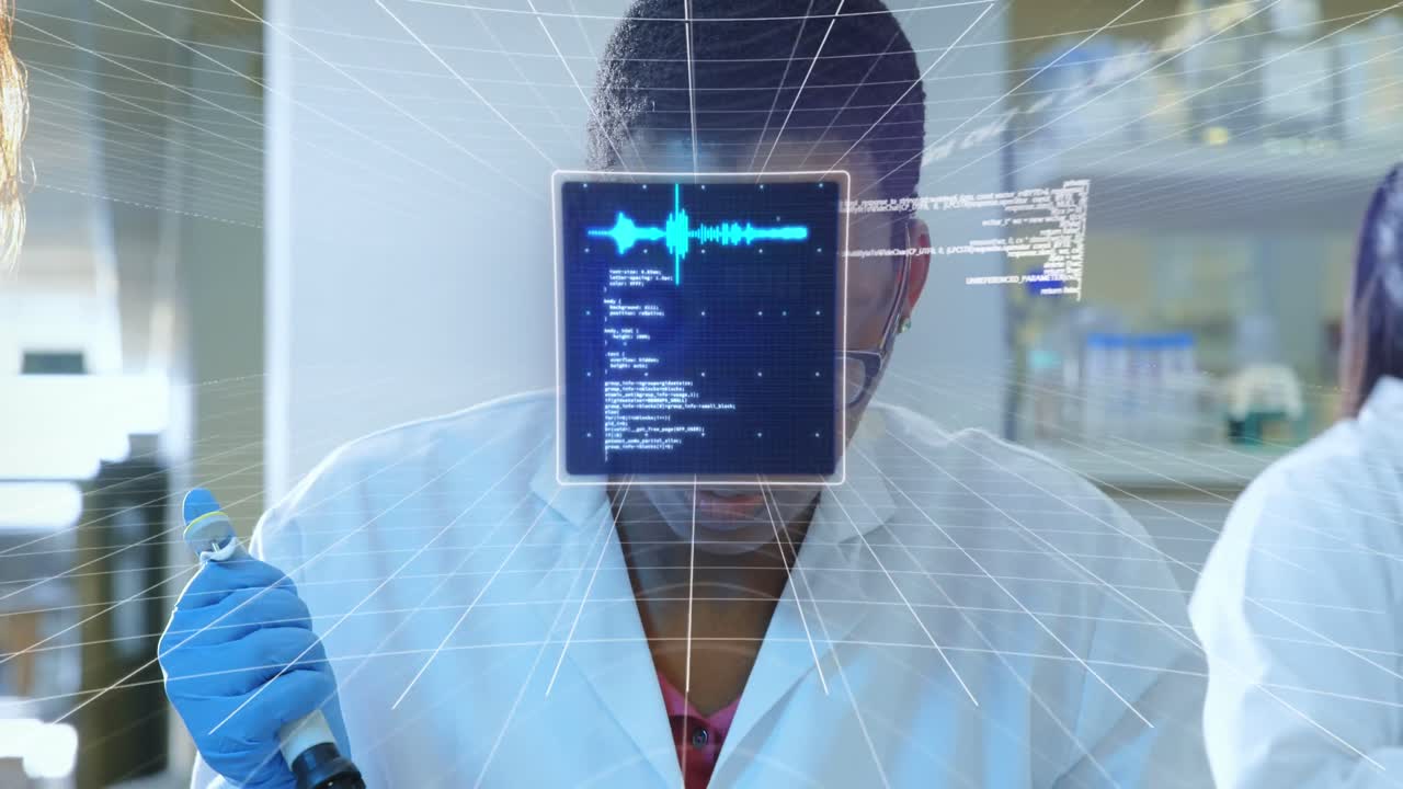 animación de gráficos, radares, mapas y lenguaje informático, diversas mujeres científicas probando líquidos