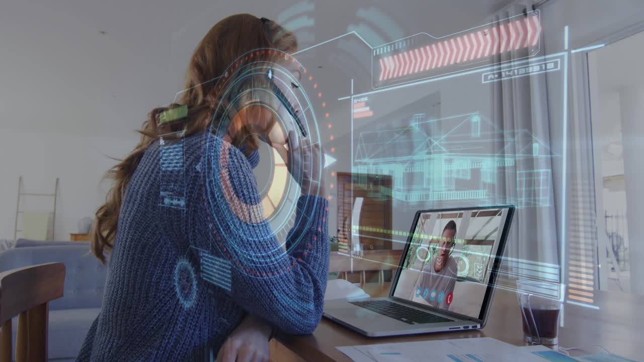 animación de escaneo de alcance y procesamiento de datos sobre una mujer usando una computadora portátil en una videollamada