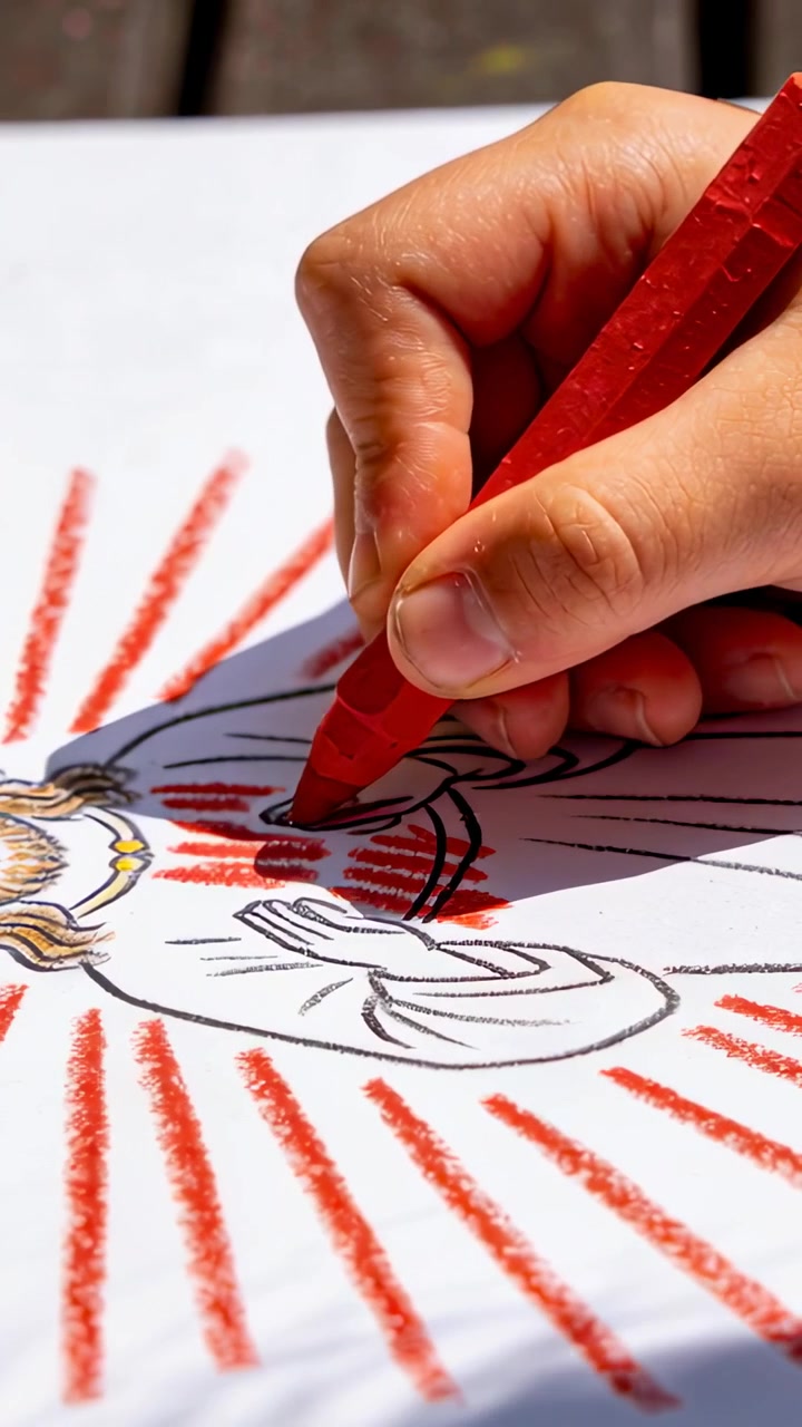 Vertical video: Entering child right hand pressing red wax crayon, filling face on deck, copy space