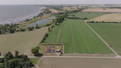 scenic remote farmhouse on the swedish ocean coastline, wide panorama view