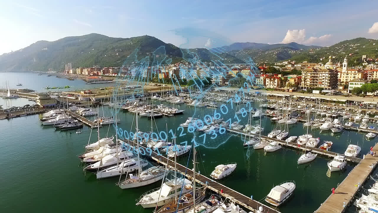 Animation of network of connections over drone with parcel over harbor