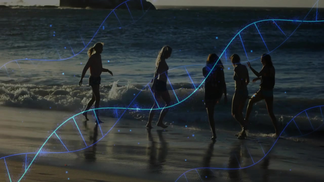 Five women walking sunset shore sinking into sea starting drifting tech helix weaving for health