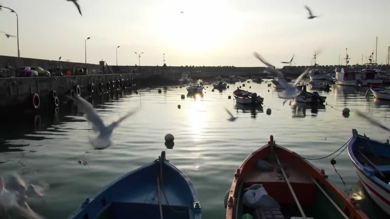 Witness the serene beauty of a harbor at sunset. Boats float gently on calm waters while seagulls soar above, creating a picturesque coastal atmosphere in a charming seaside town.