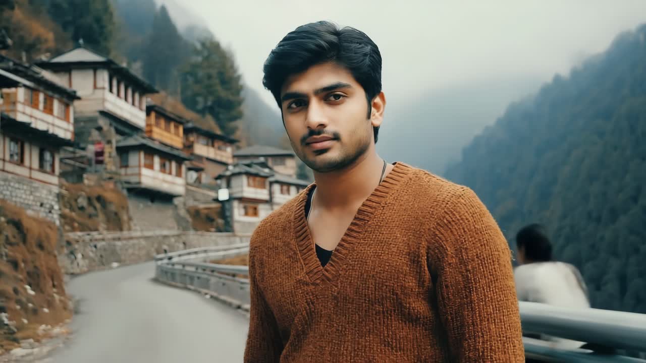 Confident young man wearing brown sweater is posing in a mountain village with traditional houses, enjoying the fresh air and the beautiful landscape during a relaxing vacation