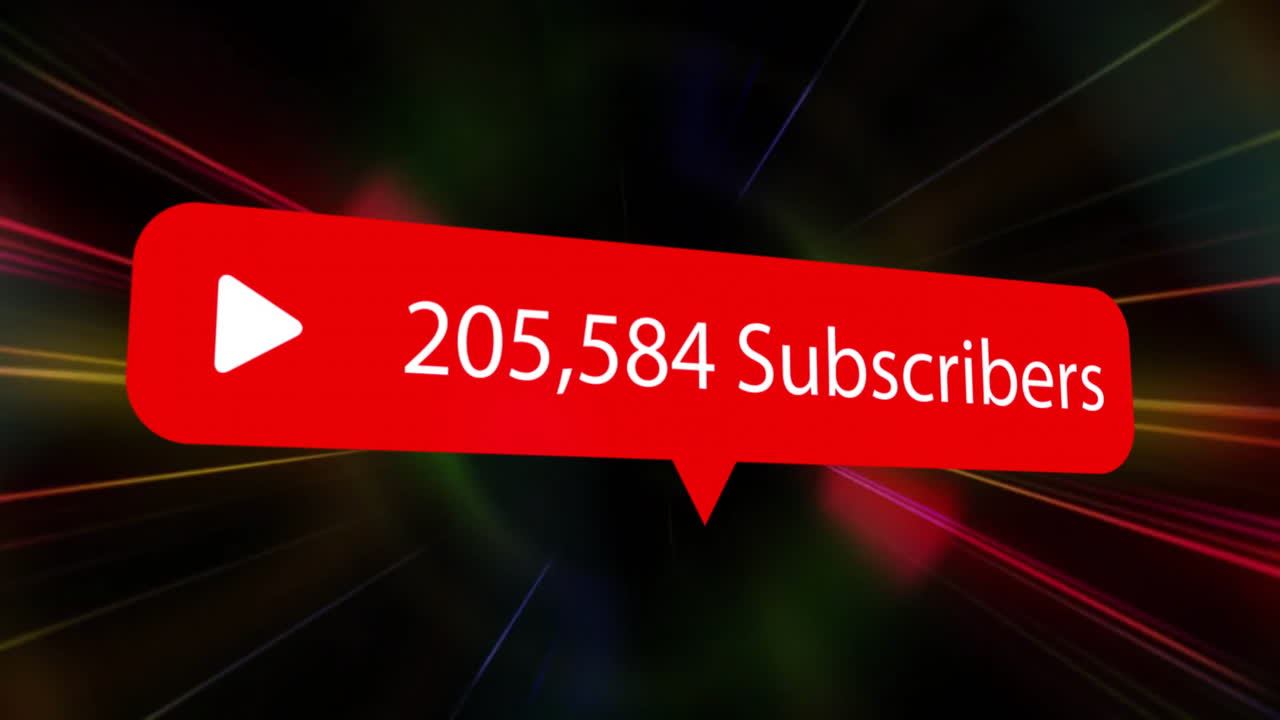 Animation of banner with subscribes text, icon and data processing over neon lights tunnel