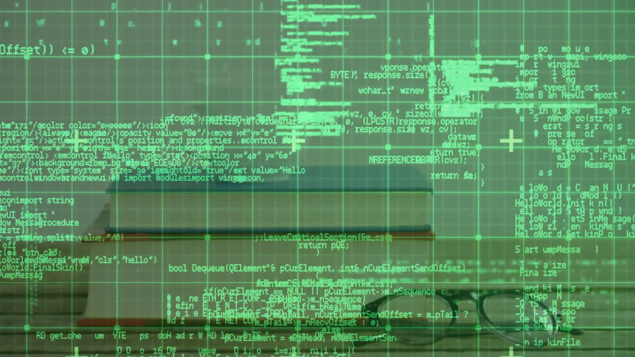 Green code overlay animating across wooden desk, showing silver laptop, white mouse, black glasses