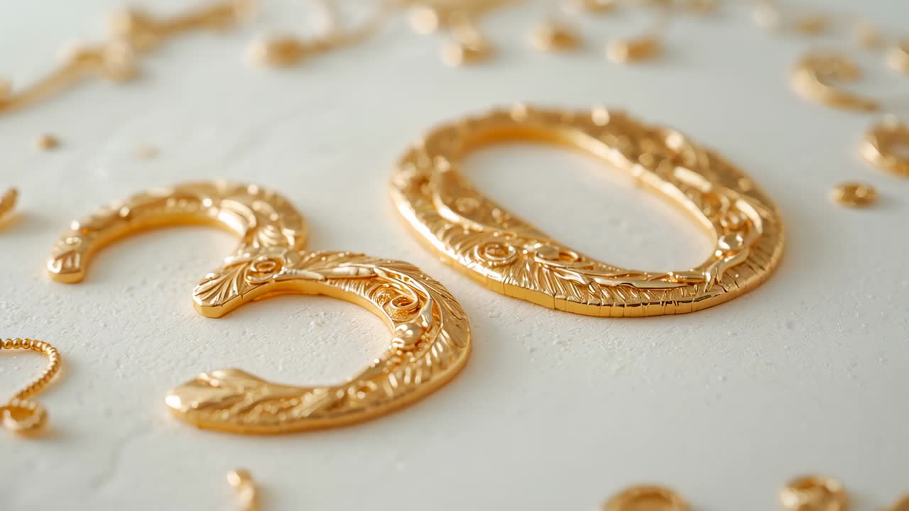 Pulling back camera on tabletop from 3, revealing gold 30 with beads and chain, showing texture